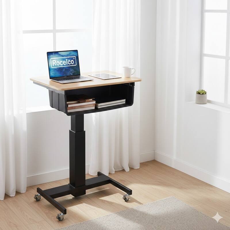 Rocelco 28 in. W Beige Height Adjustable Mobile School Standing Desk Cart with Book Box Storage and Gas Spring Laptop Riser