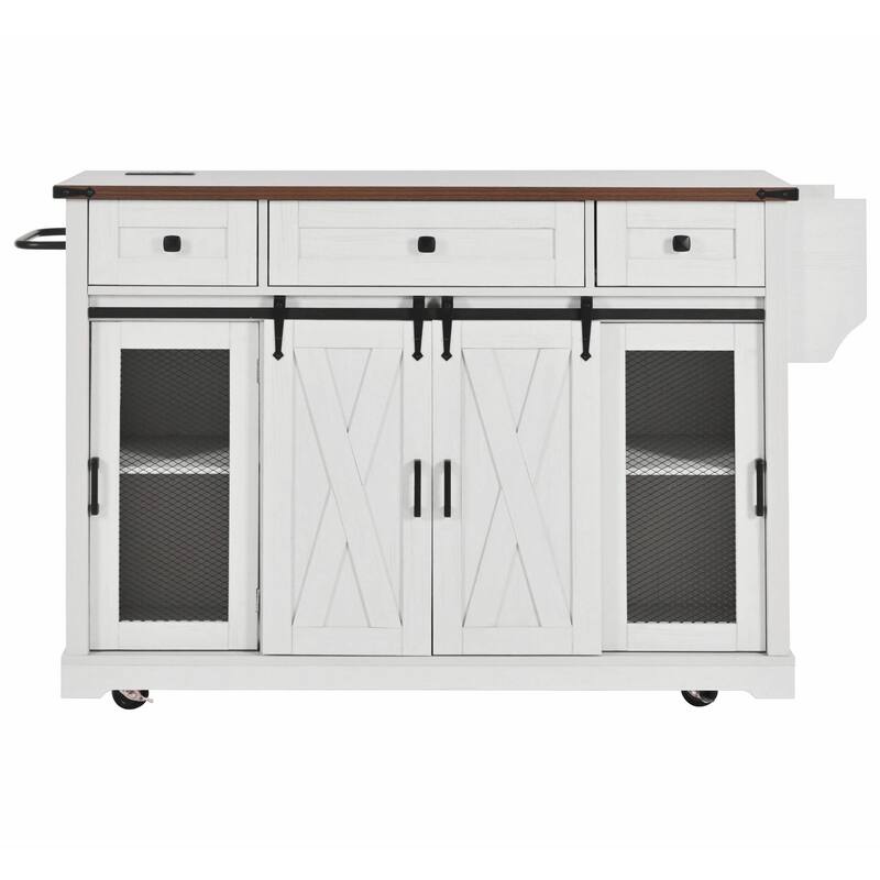 58-inch Farmhouse Kitchen Island with Storage, Sliding Barn Door & Metal Grid Side Door