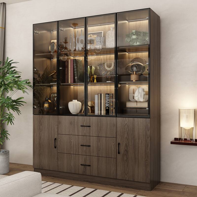 LED-Lit Wood Grain Cabinet - Configurable Storage for Home or Office