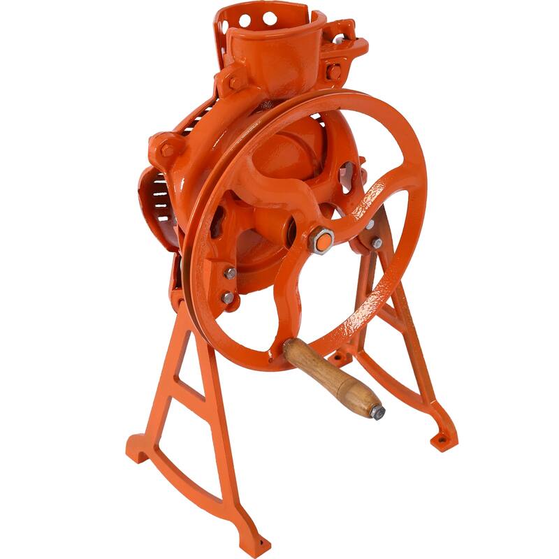 Orange Cast Iron Manual Thresher with Wooden Handle