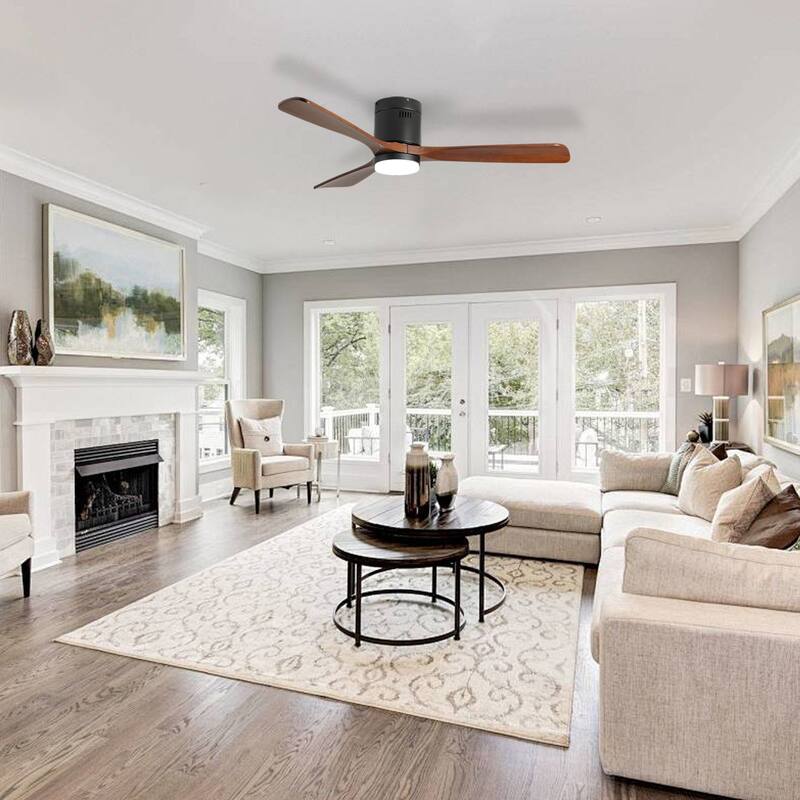 52-inch Ceiling Fan with Light, 3 Wood Blades, Remote Control, Reversible DC Motor for Living Room - Black + Dark Walnut