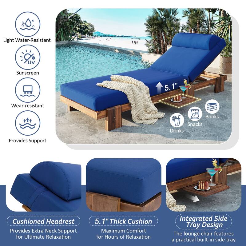 78.8" Acacia Wood Outdoor Patio Chaise Lounge - Adjustable Recliner with Headrest & Retractable Side Tray for Poolside, Garden