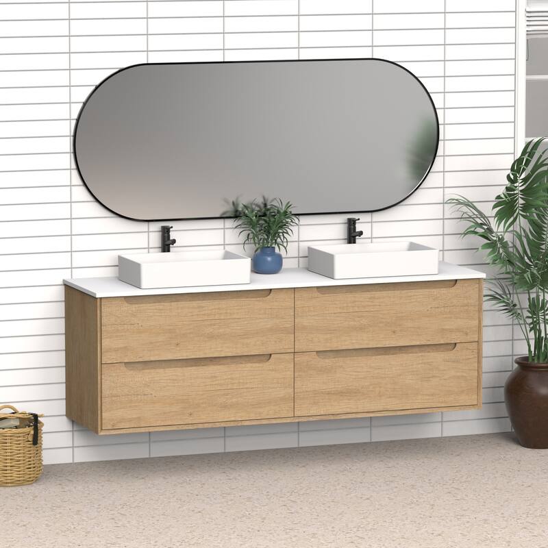 72" Solid Wood Bathroom Vanity with White Quartz Countertop Ceramic Vessel Sink