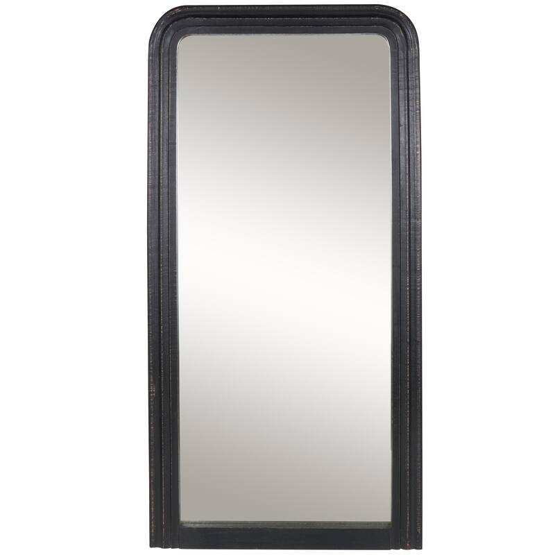 Black Mango Wood Distressed Room Floor Mirror with Carved Grooves