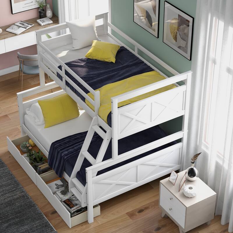 Twin over Full Bunk Bed with Ladder, Two Storage Drawers, Safety Guardrail - White