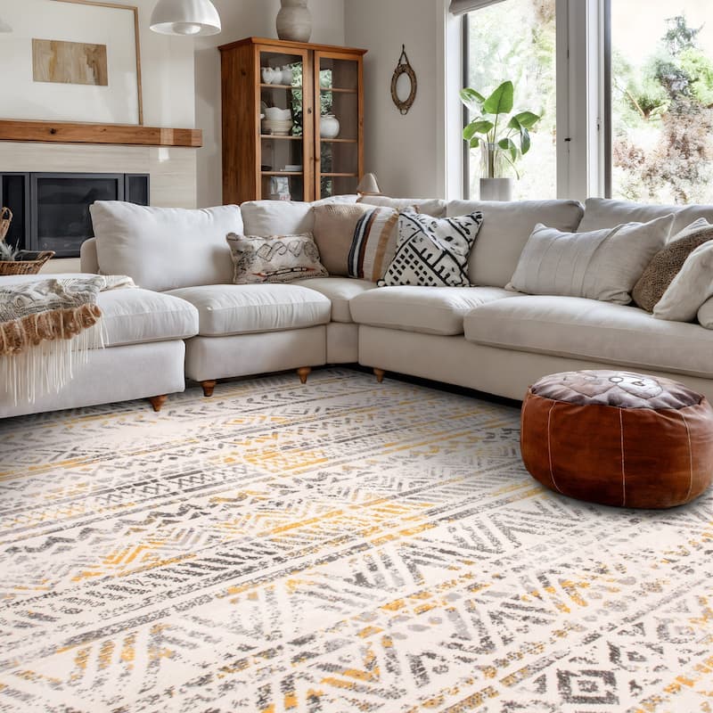 The Curated Nomad Midtown Geometric Distressed Bohemian Rug - 5' x 7' - Yellow