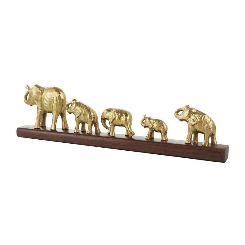 Aluminum Metal Elephant Decorative Sculpture with Brown Wooden Base - Gold - Roche River Decor