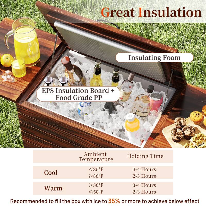 Rustic Brown Pine Wood Patio Cooler 54QT with Wheels and Folding Shelves - 50" L x 16.5" W x 29" H