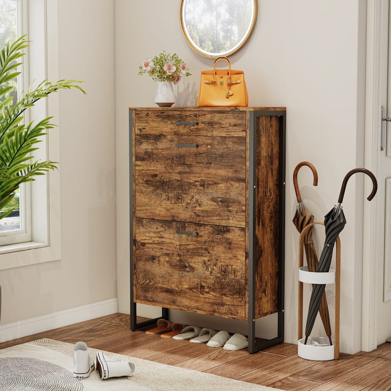 Wood Shoe Storage Cabinet for Entryway, 2 Flip Drawers Shoe Rack, Freestanding Hidden Shoe Organizer Holds up to 10 Pairs