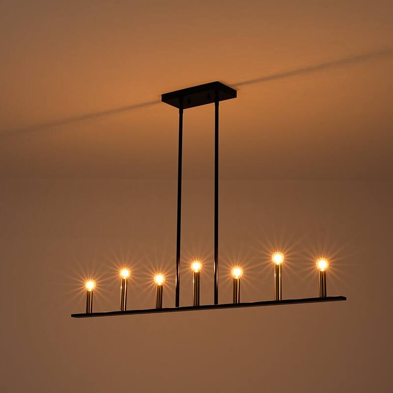 Minimalist 7-Light Black Brass Candle Linear Island Chandelier - 43.3 Inches