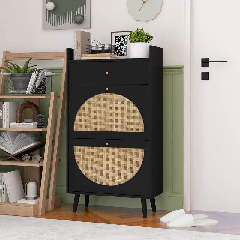 Entryway Shoe Storage Cabinet, Freestanding Rattan Shoe Rack, Shoe Organizer with 2 Flip Drawers & 1 Pull-Out drawer