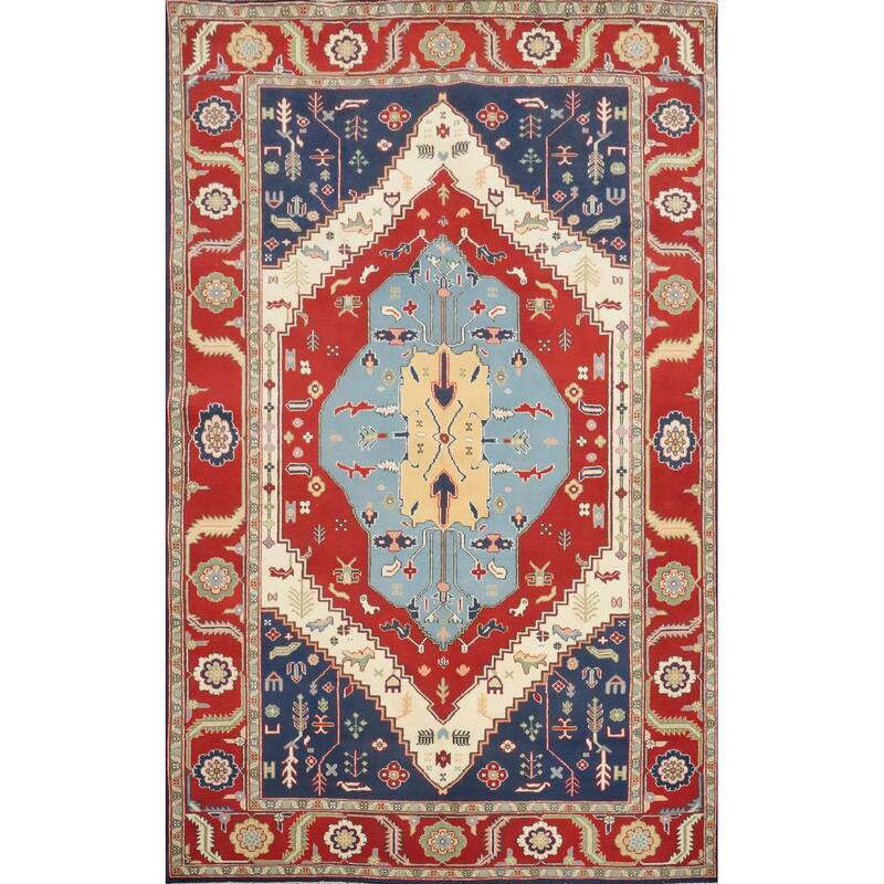 Hand Knotted Oriental 100% Wool Carpet Traditional Medallion Navy Blue & Blues Heriz Area Rug - 8' 8'' X 6' 3''