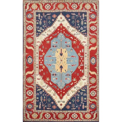 Hand Knotted Oriental 100% Wool Carpet Traditional Medallion Navy Blue & Blues Heriz Area Rug - 8' 8'' X 6' 3''