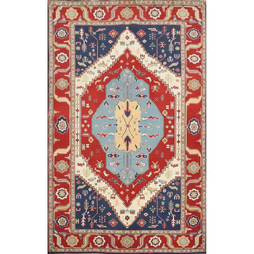 Hand Knotted Oriental 100% Wool Carpet Traditional Medallion Navy Blue & Blues Heriz Area Rug - 8' 8'' X 6' 3''