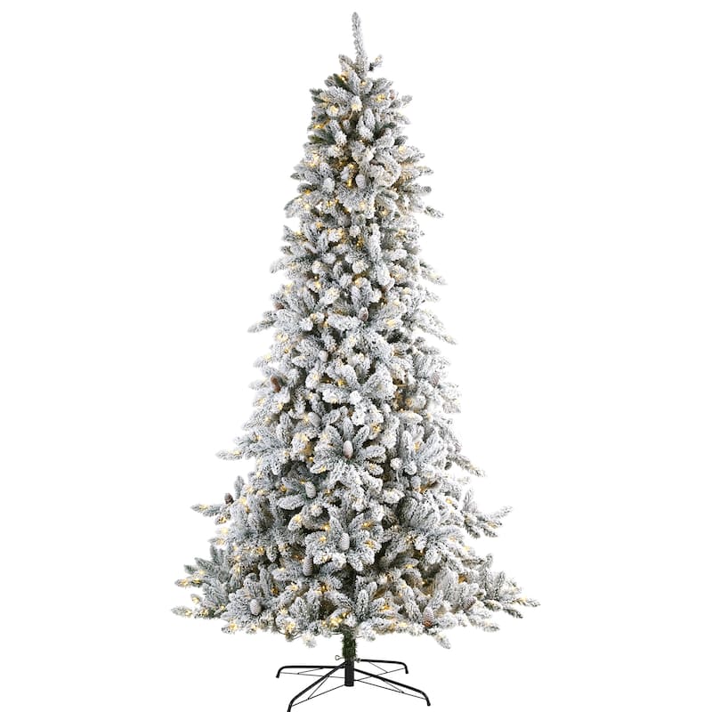 9’ Pre-Lit Flocked Livingston Fir and Cones Artificial Christmas Tree, Warm Clear LED Lights - 9 Foot