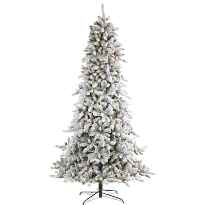 9’ Pre-Lit Flocked Livingston Fir and Cones Artificial Christmas Tree, Warm Clear LED Lights - 9 Foot