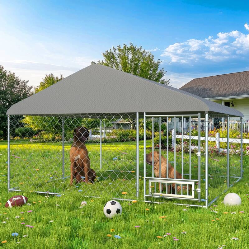 EROMMY Outdoor Dog Kennel, Heavy Duty Large Dog Kennels with Waterproof Cover and Rotating Feeding Door