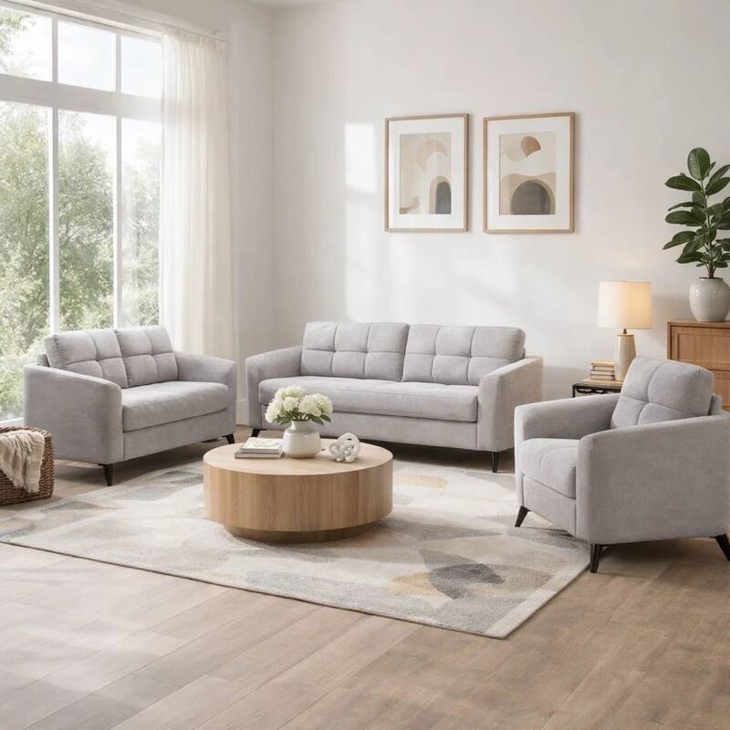 Odin 3 Piece Sofa, Loveseat, Chair Set, Tufted Cushions, Light Gray Velvet