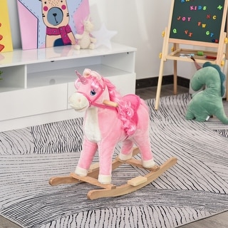 Qaba Rocking Horse, Kids Ride on Horse Unicorn Design with Wooden Base, Tail Wag & Sounds for Toddlers 3-6 Years Old, Pink