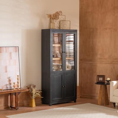 Roomfitters 74.5'' Ash Wood Display Cabinet with Glass Doors, Mid-Century Modern Bookcase Curio Cabinet with Storage, Black