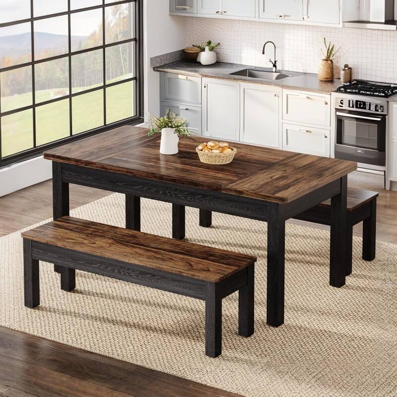 55-Inch Farmhouse Kitchen Table Set, Wood Dining Table with 2 Benches
