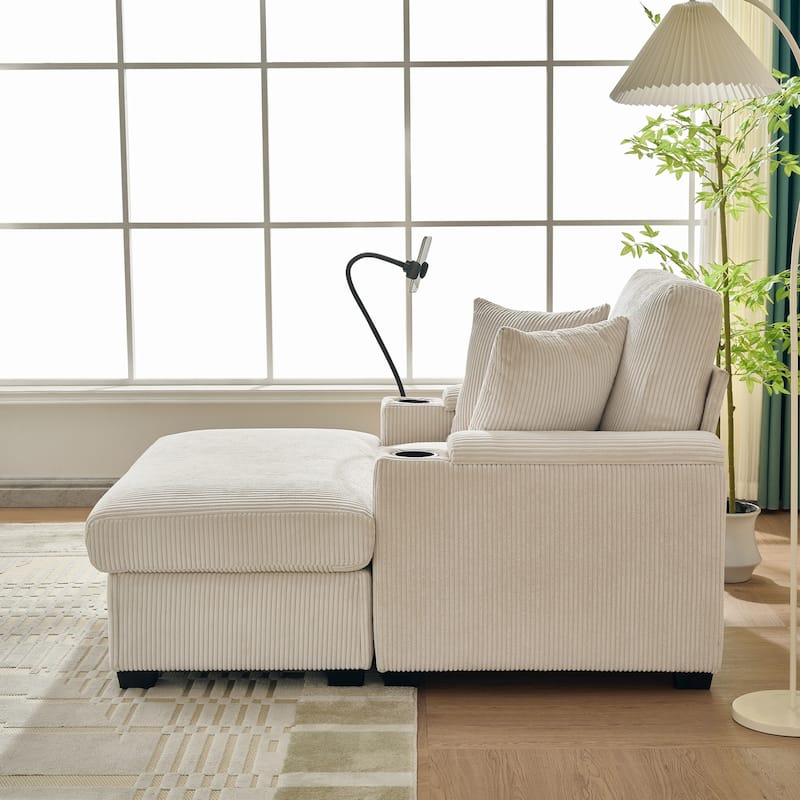Single Chaise Lounge with Accent Chair & Storage Ottoman, Corduroy Sofa Chair with Storage Arms, USB, Phone Stand and Cup Holder