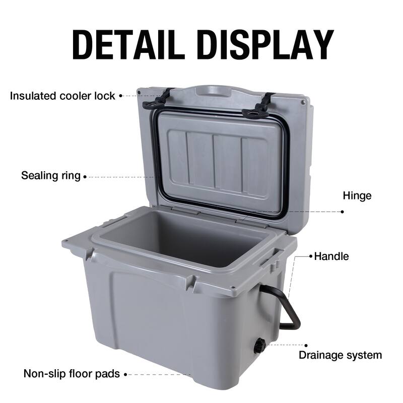 25QT Portable Cooler, Insulated Hard Cooler with Bottle Opener, Cup Holder, Forming Ruler, Travel, Beach, Camping, Fishing