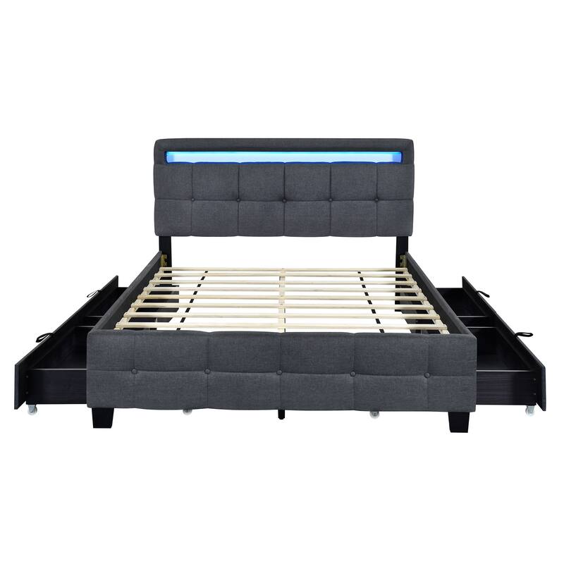 Linen Upholstered Platform Bed Frame with LED Light Headboard & 2 Drawers