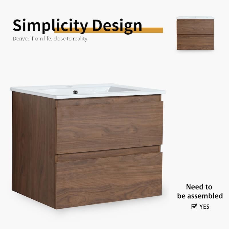 24" Wall-Mounted Bathroom Vanity With Ceramic Sink, 2-Soft Close Drawers