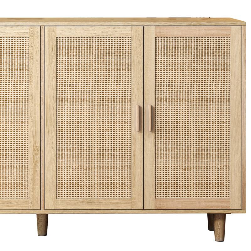 62.20" Modern Rattan Decorative Storage Cabinet with Solid Wood Legs, 4 Doors, Adjustable Shelves Versatile for Home,Office