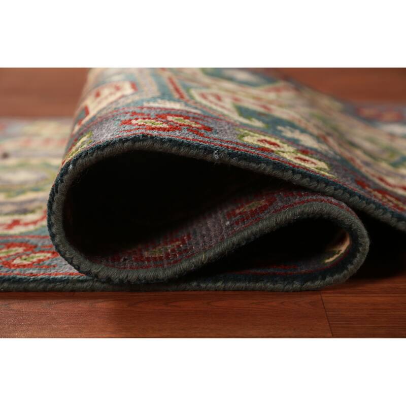 Hand Knotted Oriental 100% Wool Carpet Traditional Geometric Navy Blue & Blues Kazak Runner Rug - 9' 8'' X 2' 6''