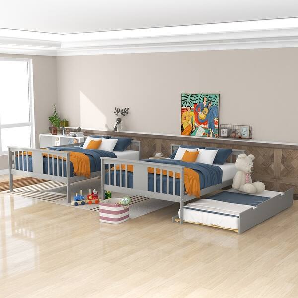 slide 2 of 13, Full over Full Wood Bunk Bed with Twin Size Trundle,3-Step Build-In Ladder and Drawer Gray