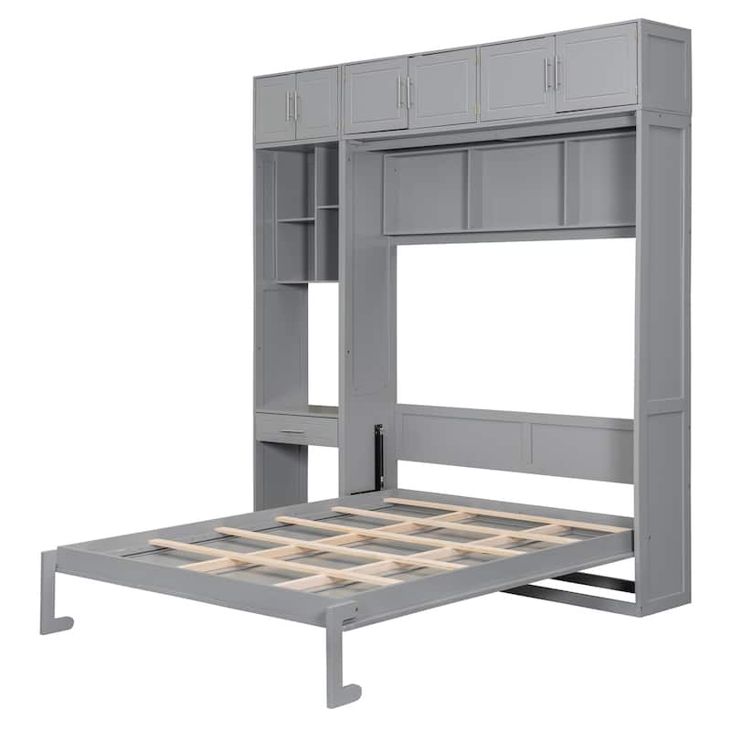 Queen Size Wall Murphy Bed with Desk Top Cabinet and Storage Shelves