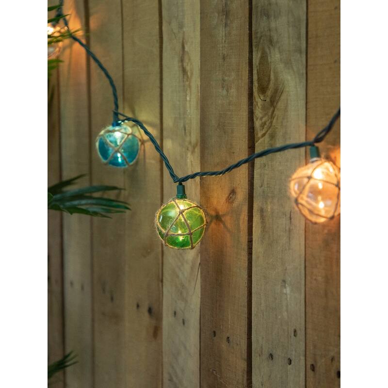 10ct Natural Jute Wrapped Multi-Color Ball Christmas Light Set 6ft Green Wire - 6'