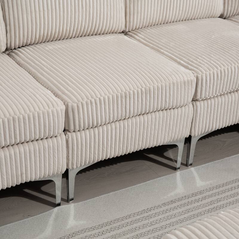 129.14" Corduroy 6-Piece Modular Sectional Sofa with Storage Ottoman, USB Charging and Cup Holders