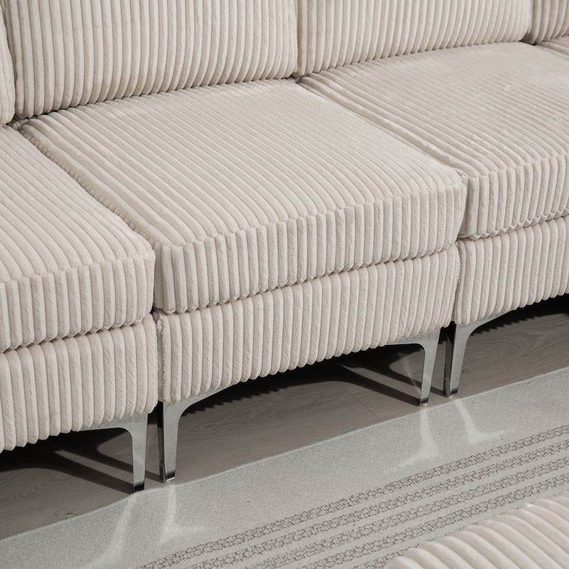 95.67" Corduroy 5-Seat L-Shaped Sectional Sofa with Storage Ottoman, USB Ports and Cup Holders