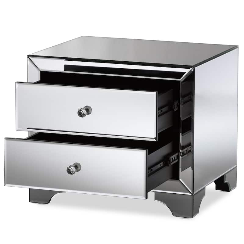 2-Drawer Nightstand with Mirrored Finish & Crystal Handles - Modern Bedside Table