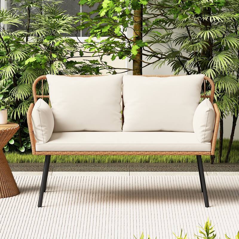 Gymax Patio Wicker Loveseat Furniture w/Seat Back Cushions Heavy-Duty
