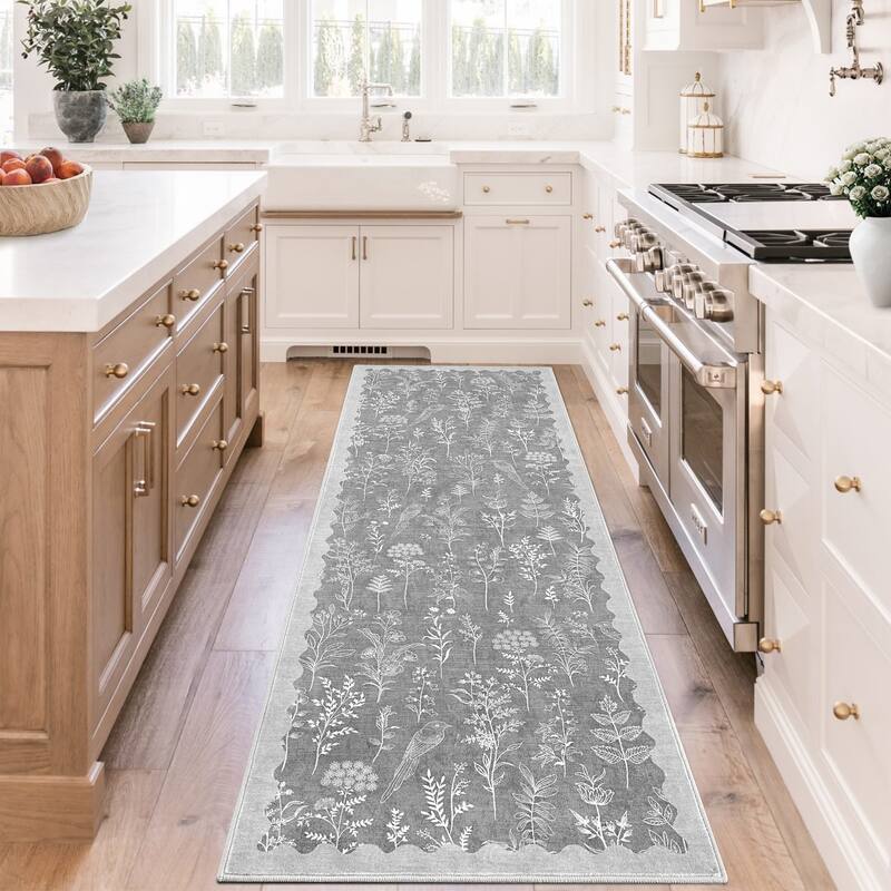 Botanical Washable Area Rug Modern Bird Pattern Rug Soft Non-Slip Low Pile Rugs for Living Room Bedroom