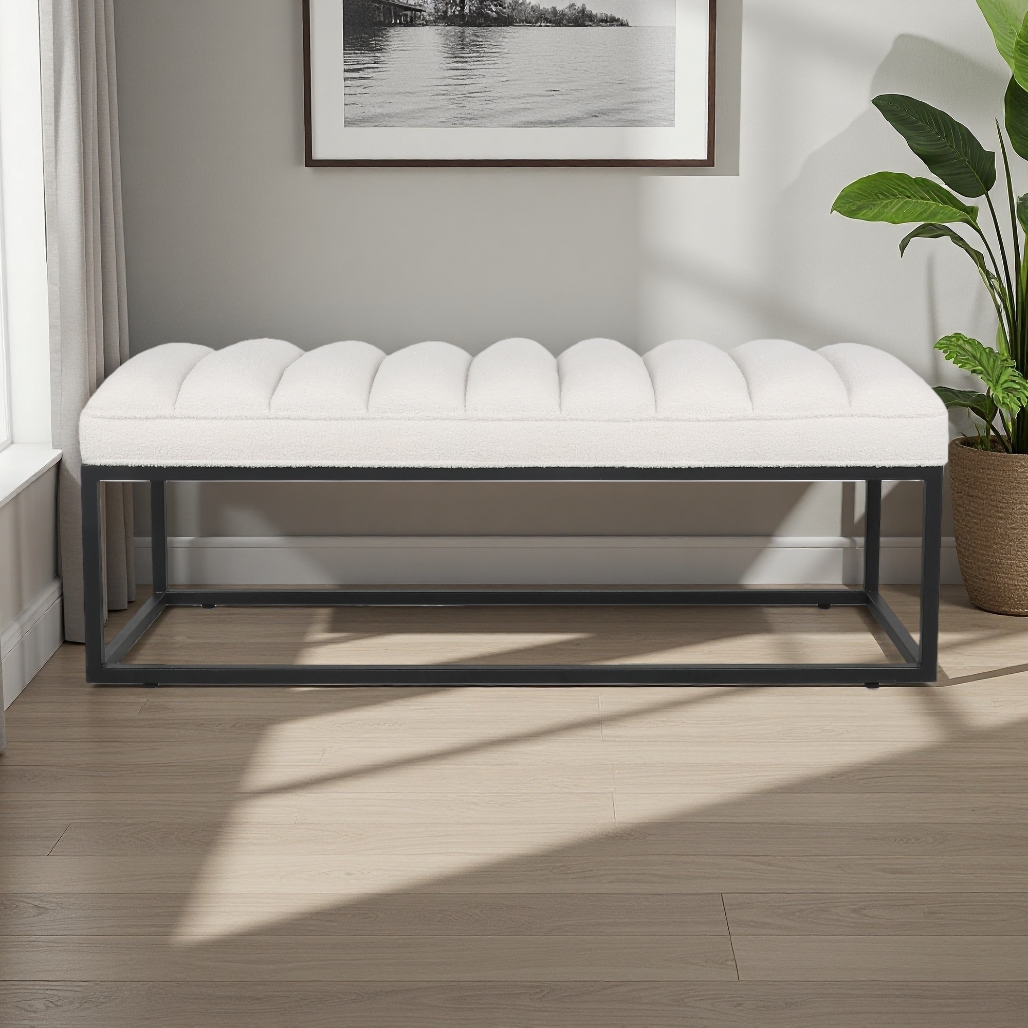 53.54"L Metal Base Upholstered Bench with High-Quality Sponge Cushion for Bedroom, Available in Cashmere, Flannel, or PU Fabrics