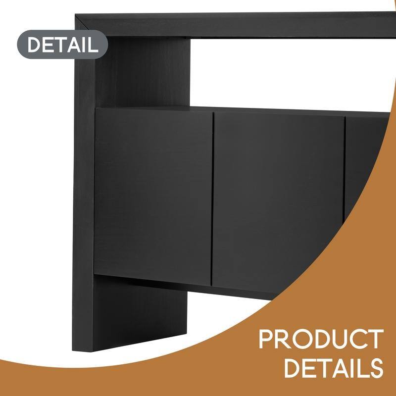 60" 4-Door Sideboard, Modern Minimalist Solid Wood Veneer Sideboard with Open Shelf, Natural Wood Grain