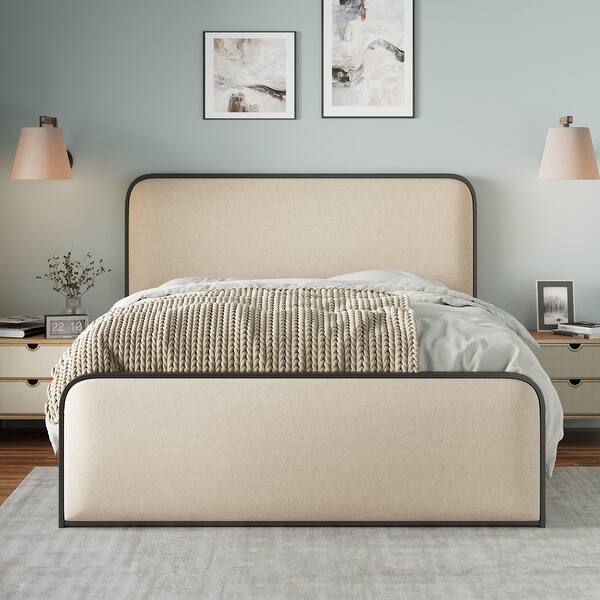 Queen Size Platform Bed with Beige Curved Upholstered Headboard and Footboard, Metal Slats Bed Frame with Storage Underneath