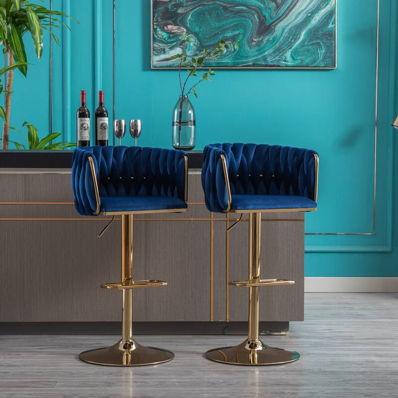 Set of 2 Adjustable Swivel Bar Stools, Navy Blue Velvet with Chrome Footrest & Gold Legs