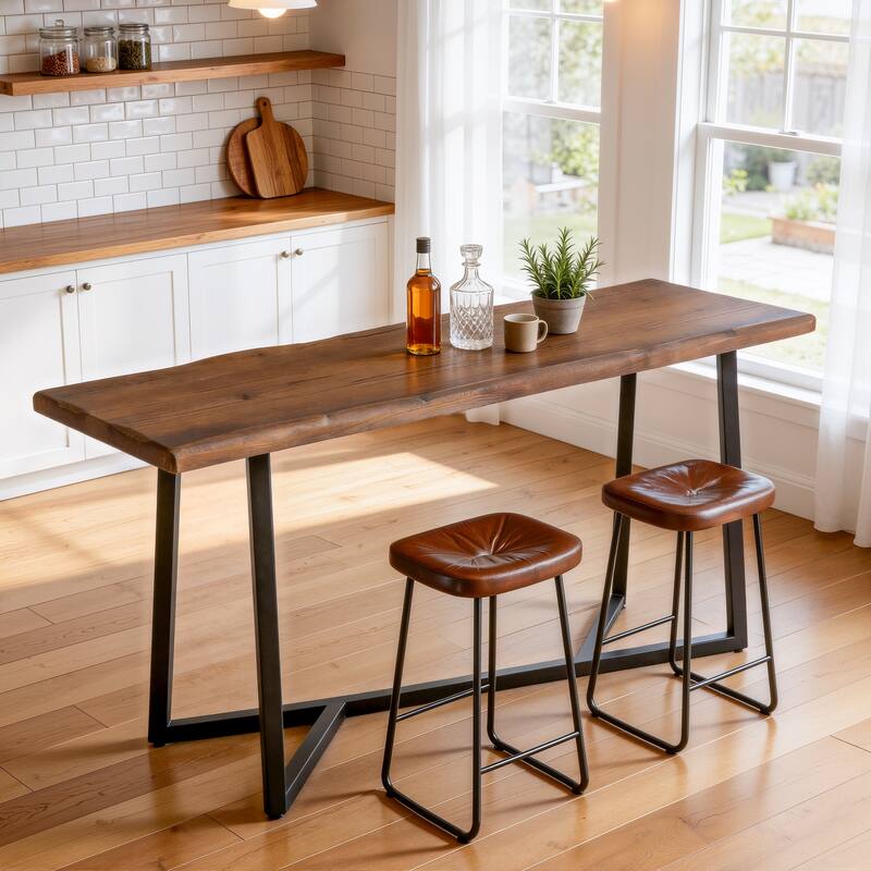 63" Solid Wood Pub Table, Industrial Metal Frame, Counter Height - Brown