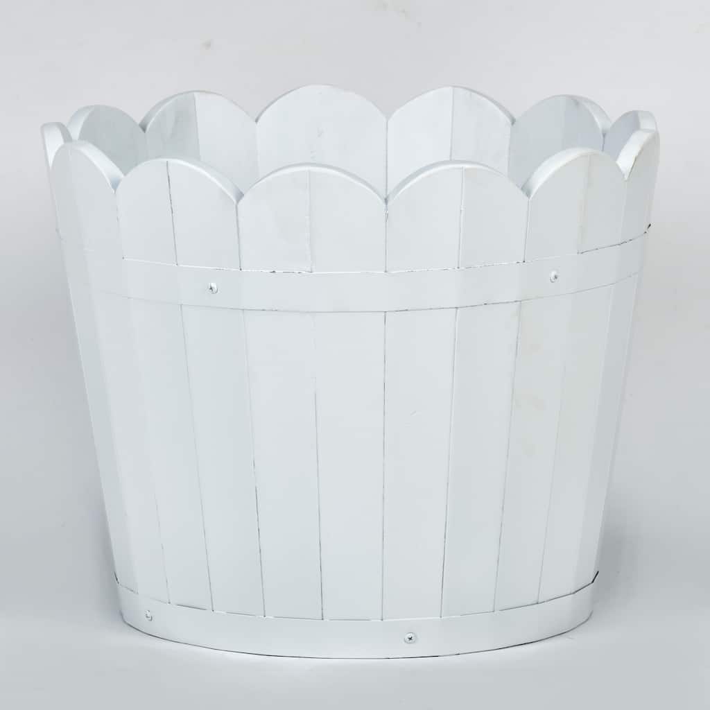11" White Scallopped Acacia Wood Barrel Planter - 11