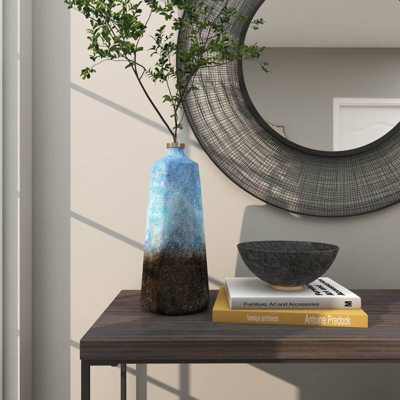 Blue Glass Galaxy Inspired Abstract Decorative Vase with Gold Top