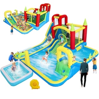 11-in-1 Inflatable Water Slide Park w/ Pool, Climber & Games - 196x160x85 IN