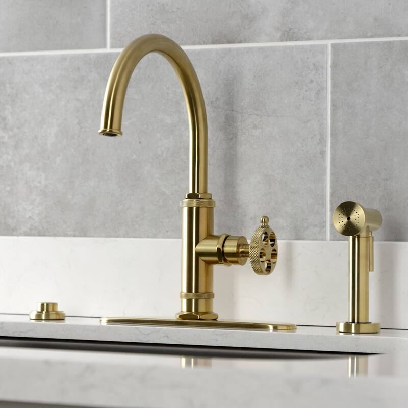 Kingston Brass Webb Single-Handle 1-Hole Deck Mount Kitchen Faucet with Knurled Handle and Brass Side Sprayer