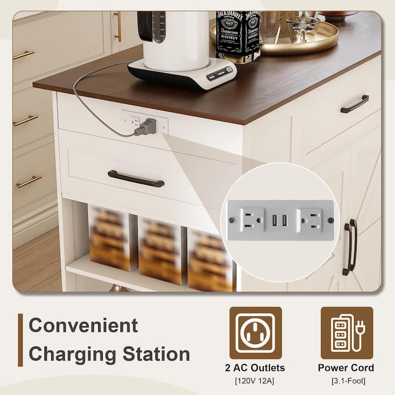 46" Kitchen Island on Wheels with Storage & Power Outlet - Movable Rustic Breakfast Bar Table