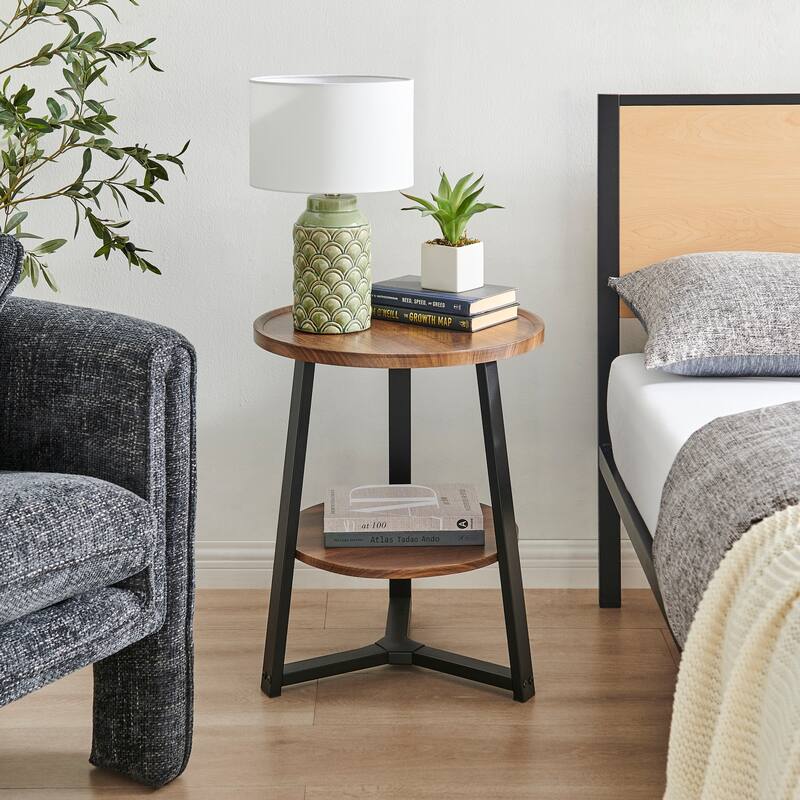 Mason Round 2-Tier Side Accent Table with Raised Lip Edge Tabletop and Mid-century Modern Crossed Metal Bold Pedestal Legs